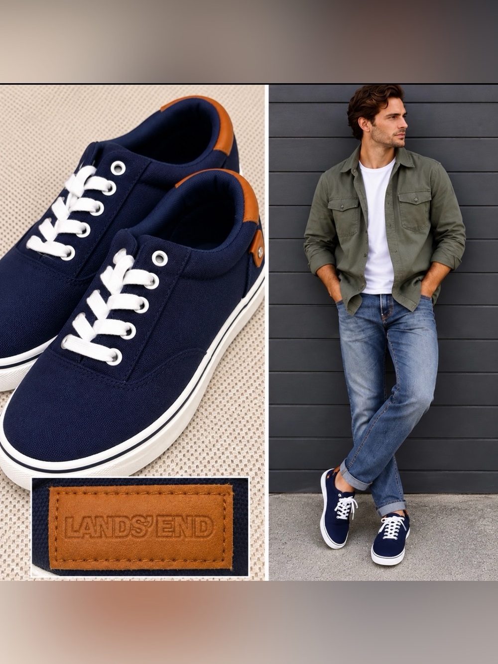 NWOB Lands' End Men’s Fenway Navy Canvas Sneakers with Leather Trim sz 10.5